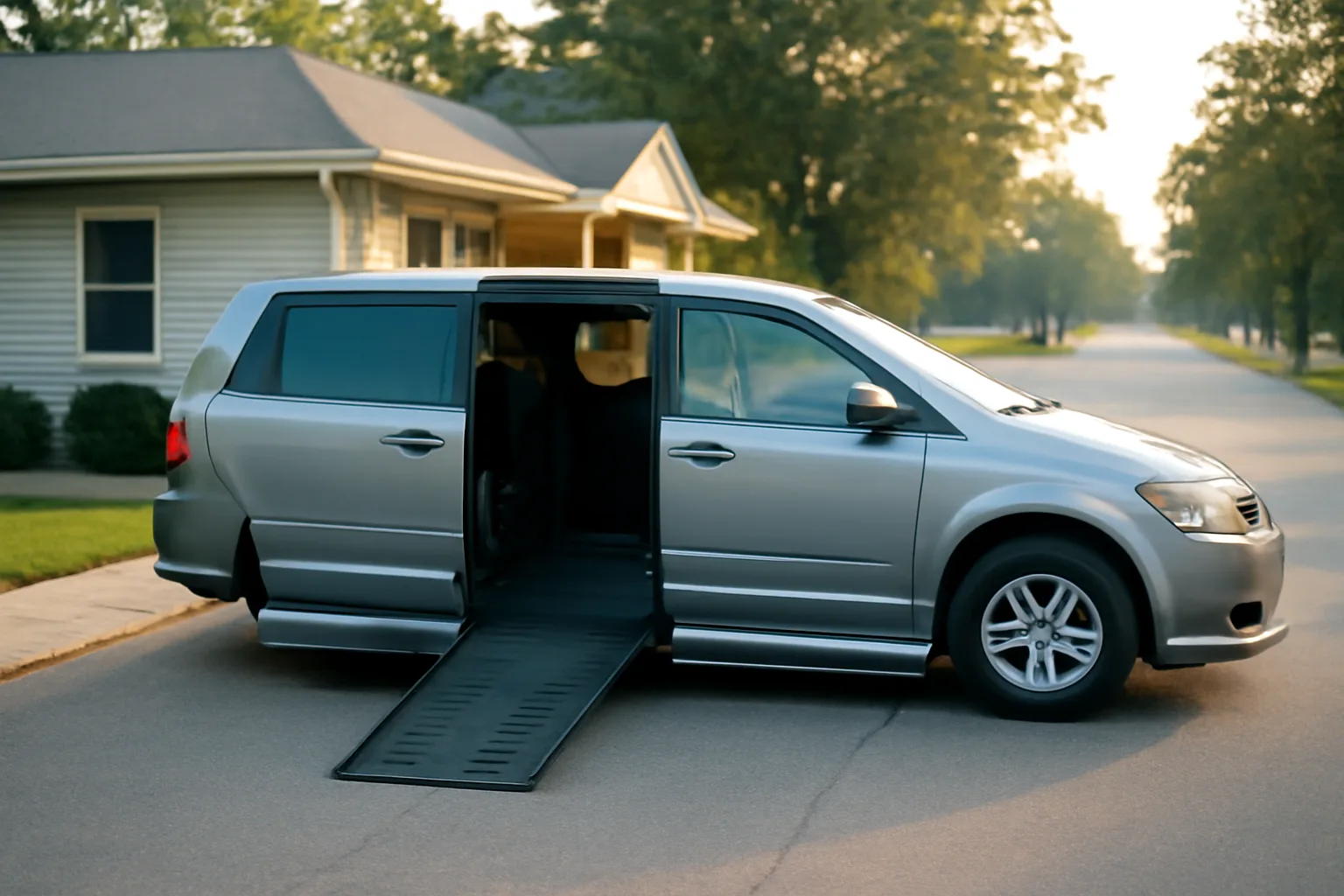 Wheelchair-accessible van with ramp deployed outside a Minnesota medical clinic in morning light