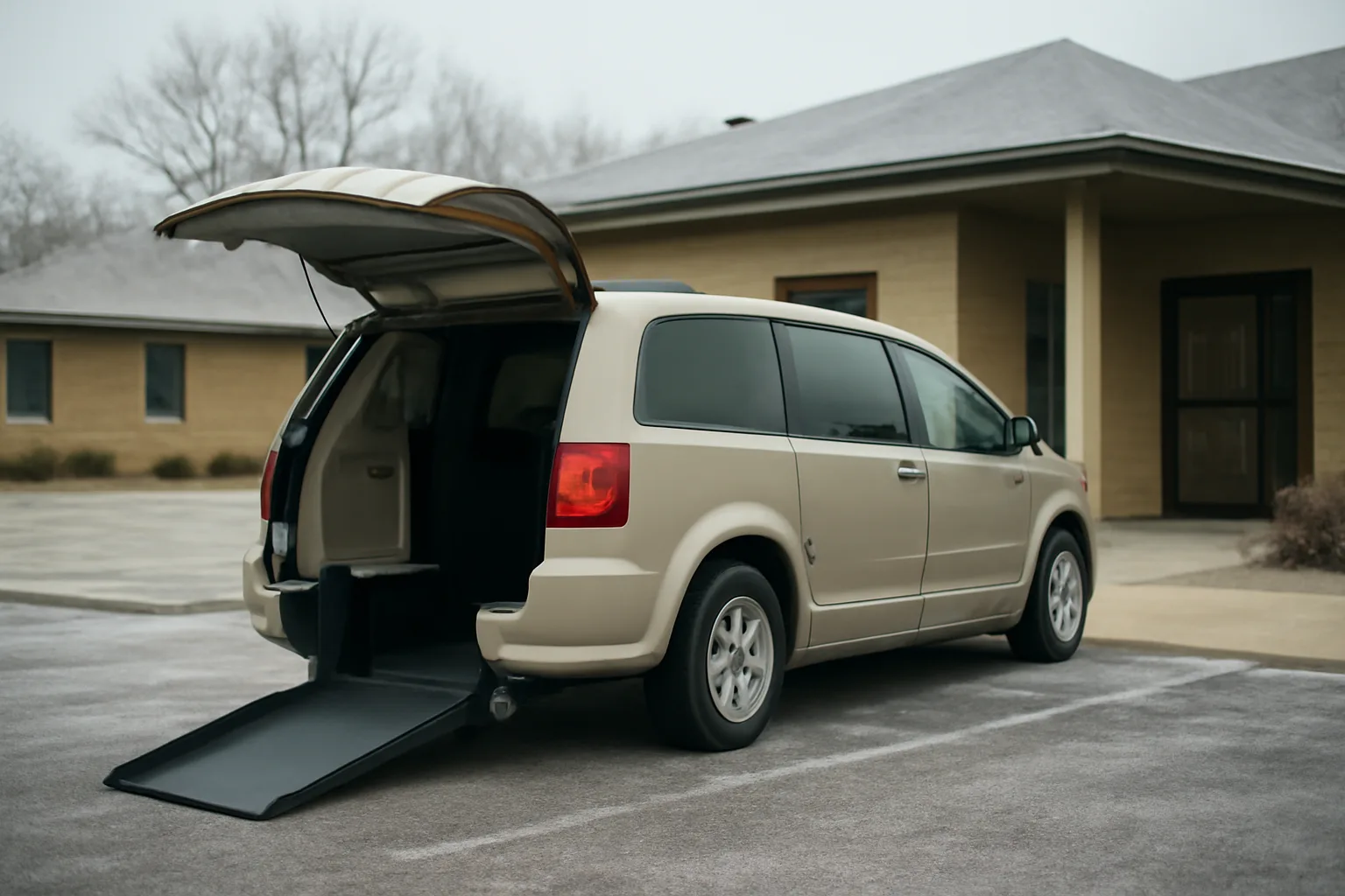 Wheelchair-accessible van with ramp deployed outside a Minnesota clinic on a cold morning