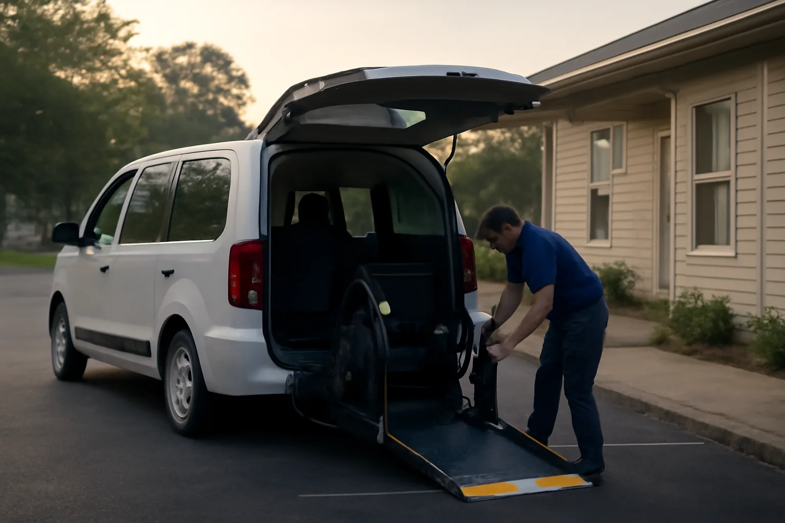 Owner-operator checking a wheelchair van lift outside a clinic at sunrise