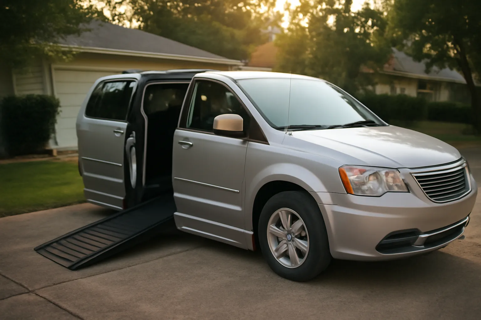 Wheelchair-accessible van with ramp deployed in driveway at sunrise, representing NEMT business economics
