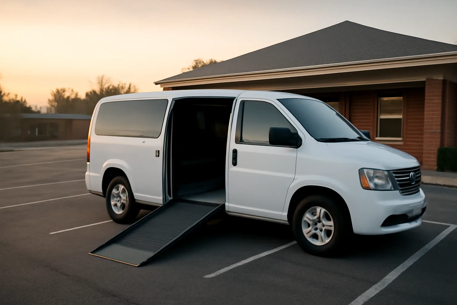 Wheelchair-accessible van with ramp deployed in an empty clinic parking lot at dawn