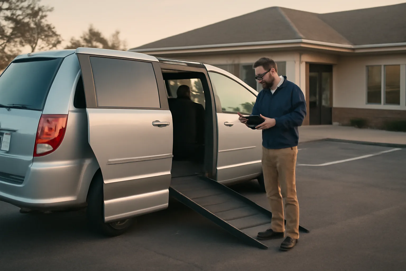 Wheelchair van with ramp deployed outside a clinic in early morning light
