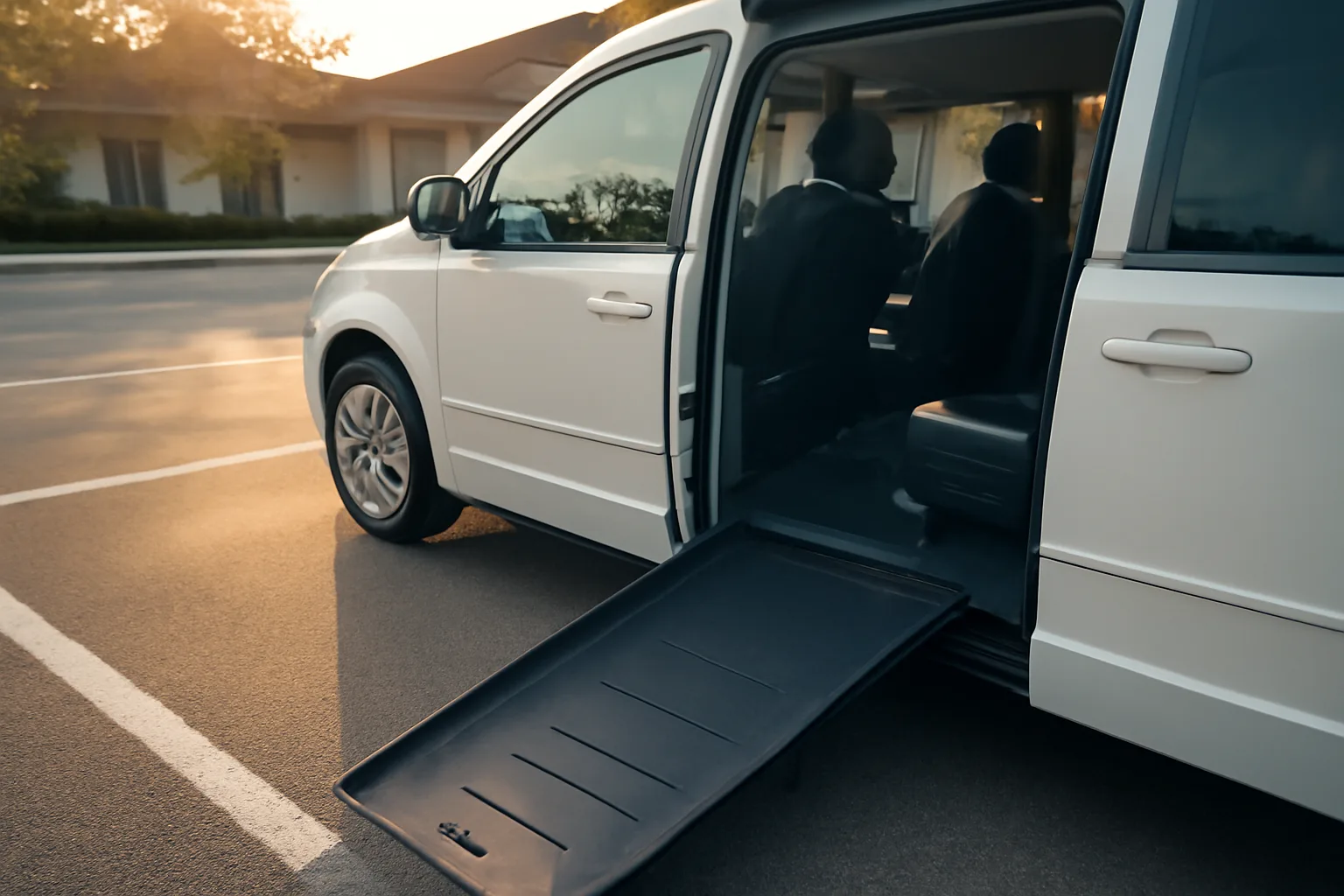 Wheelchair-accessible van with ramp deployed outside a medical office at sunrise