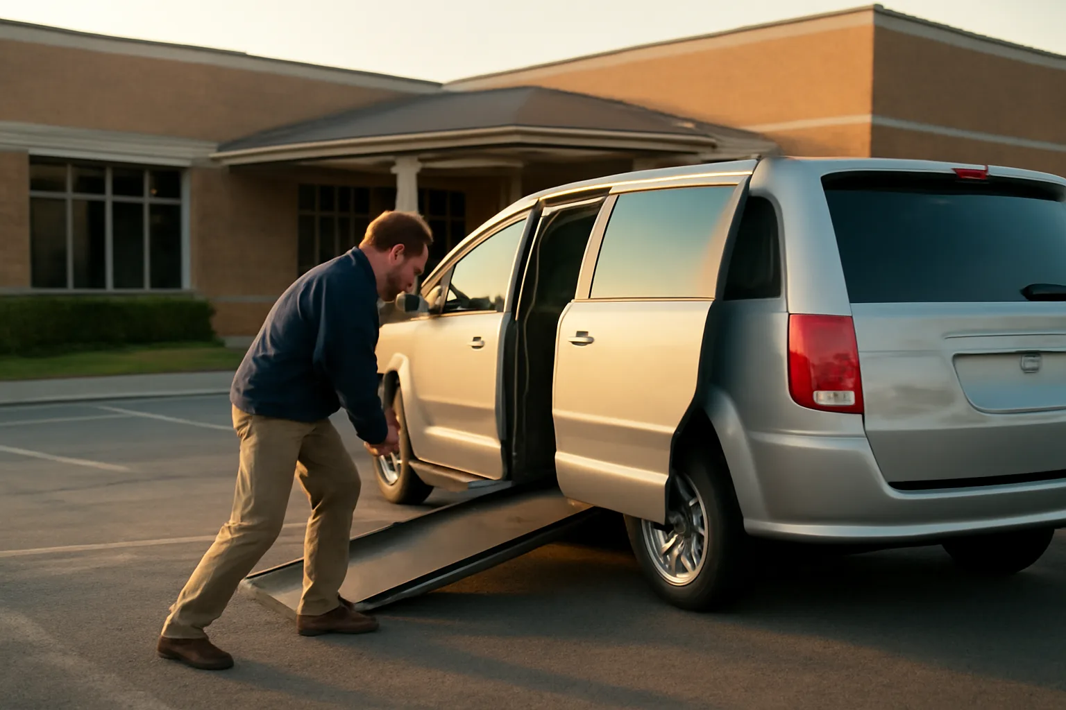 Owner-operator checking the ramp on a wheelchair-accessible NEMT van at a clinic