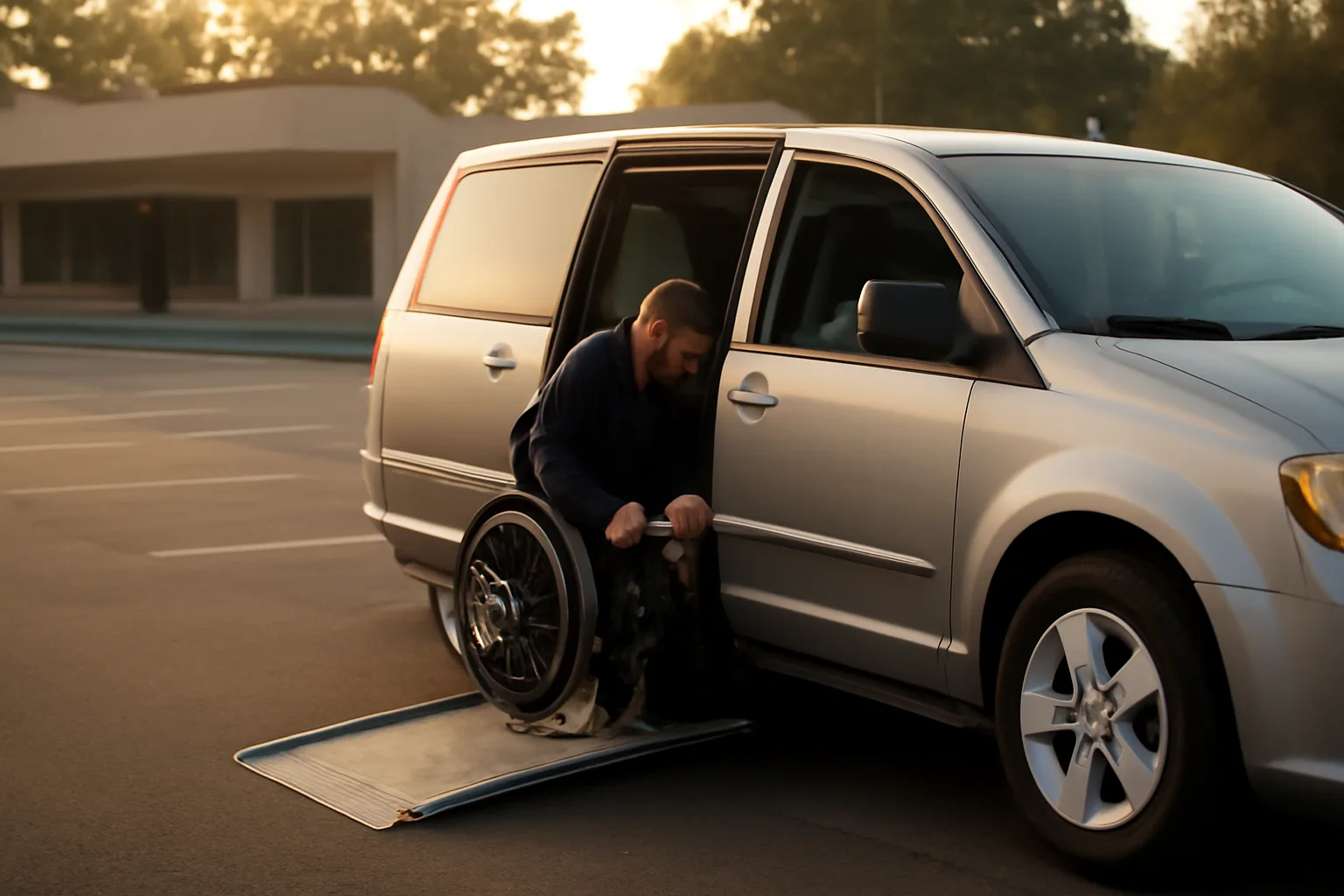 Driver checking wheelchair van ramp and tie-downs before a NEMT medical transport trip