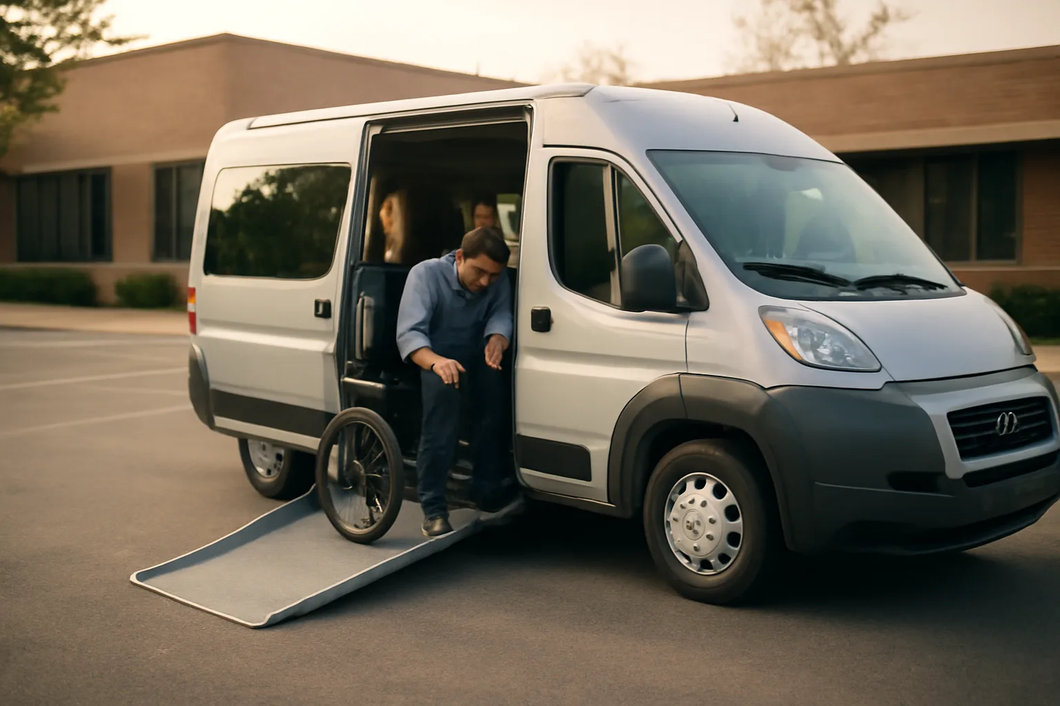 Wheelchair van ramp lowered outside a Georgia medical clinic in early morning light