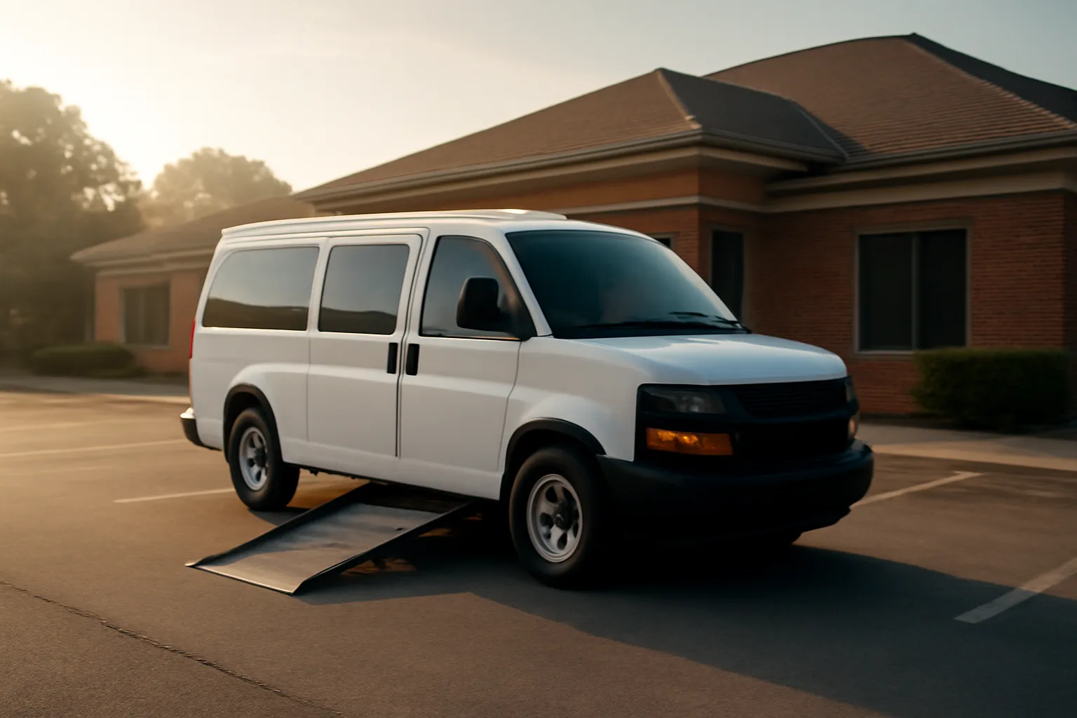 Wheelchair-accessible van with ramp extended outside a Georgia medical clinic at dawn