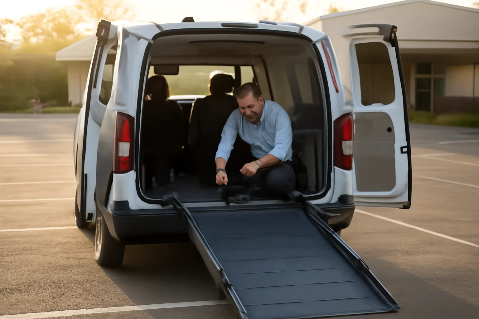 Wheelchair van with ramp deployed outside a clinic, driver checking securement straps