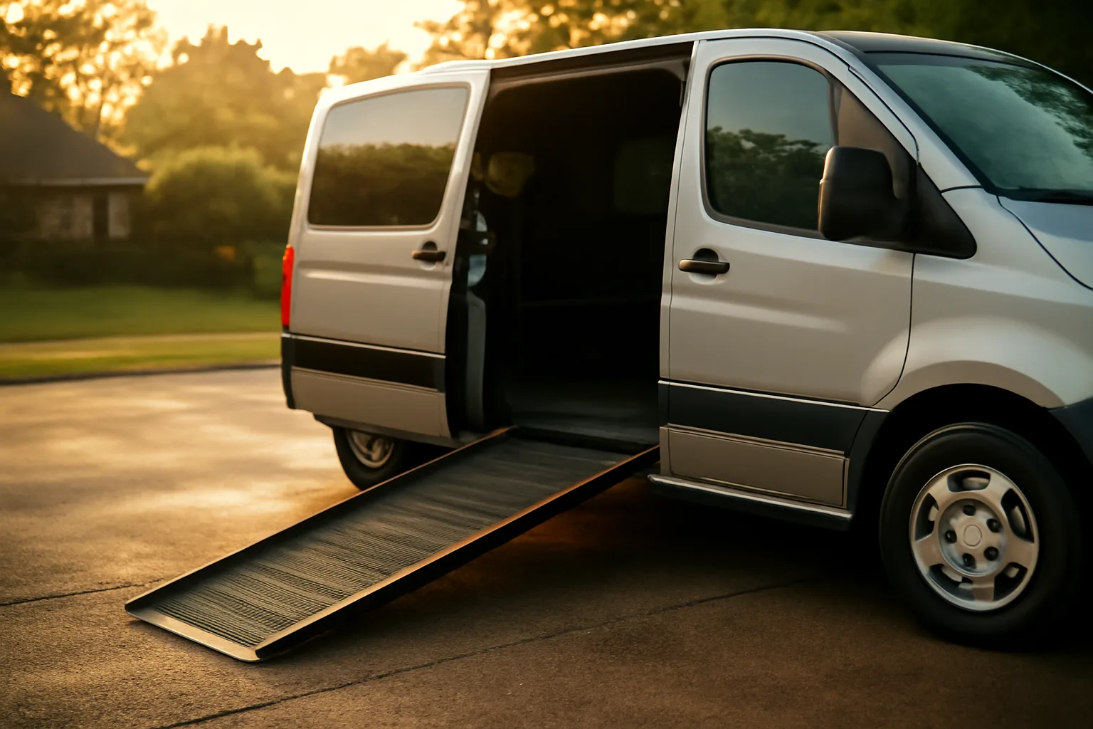 Wheelchair van ramp deployed in a driveway at sunrise for NEMT business
