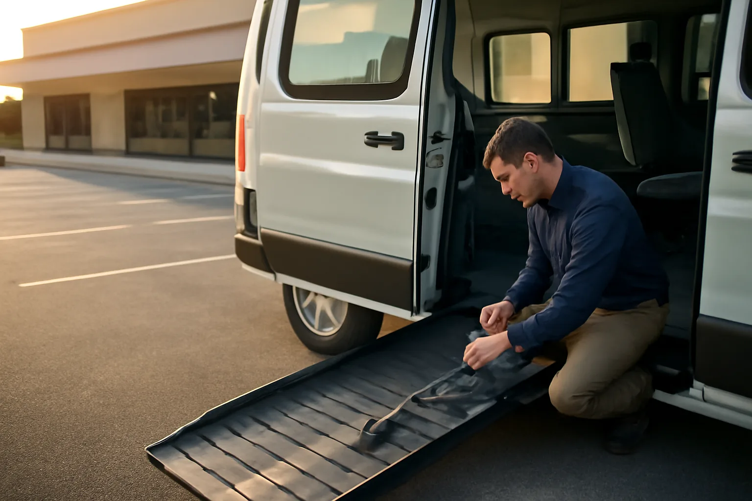 Driver checking wheelchair securement straps in an NEMT van with ramp deployed