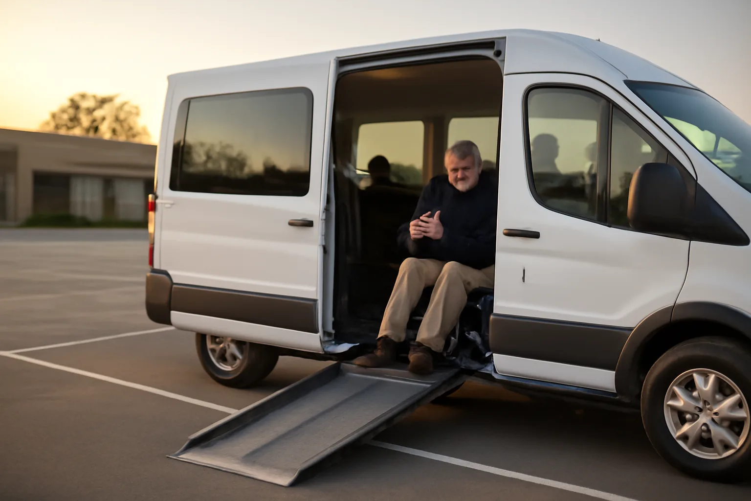 Driver inspecting wheelchair tie-down straps inside an accessible NEMT van at sunrise