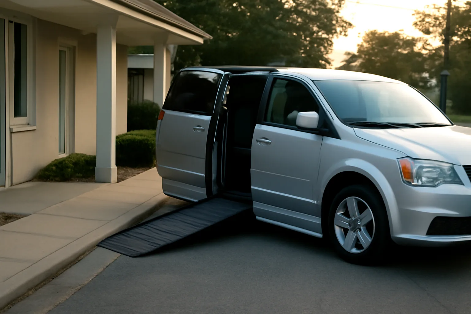 Wheelchair-accessible van with ramp extended outside a clinic, illustrating NEMT business net profit margin factors
