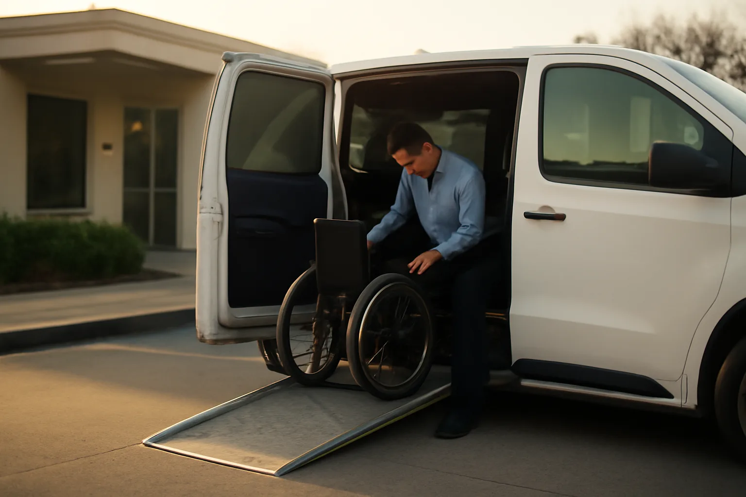 Wheelchair van with ramp lowered outside a clinic, representing Georgia NEMT business setup