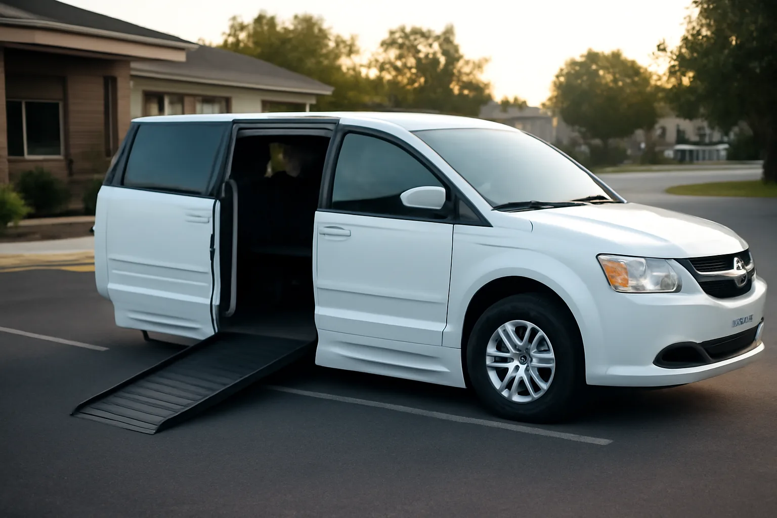 Wheelchair-accessible van with ramp deployed outside a clinic at dawn