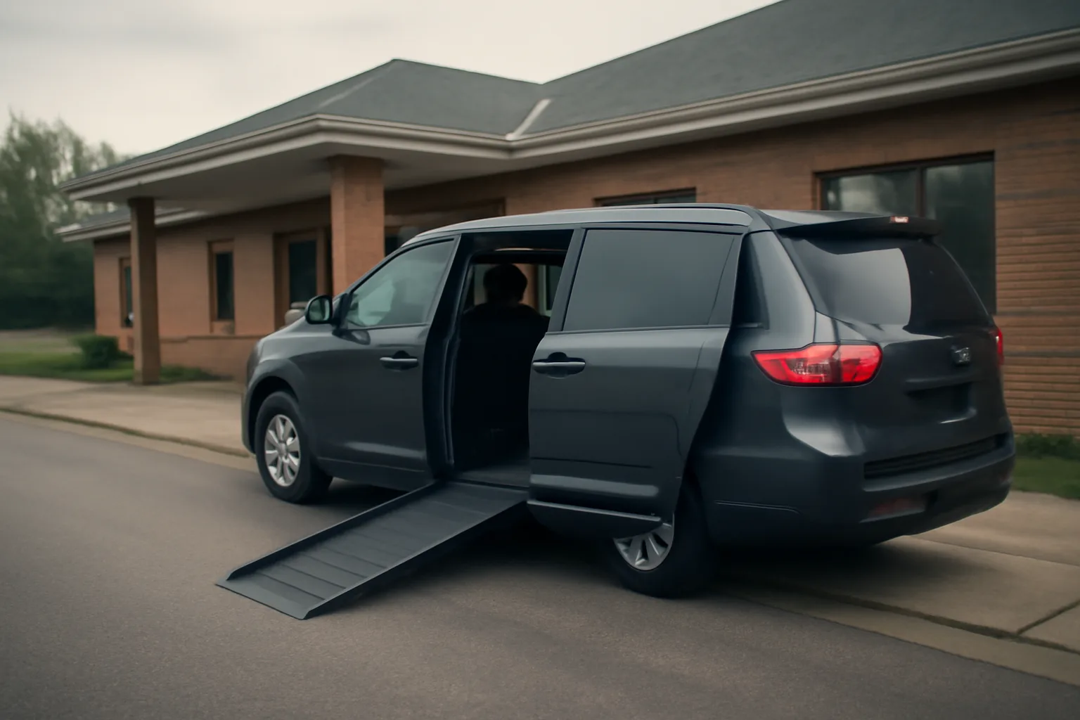 Wheelchair-accessible NEMT van with ramp deployed outside a medical clinic at dawn
