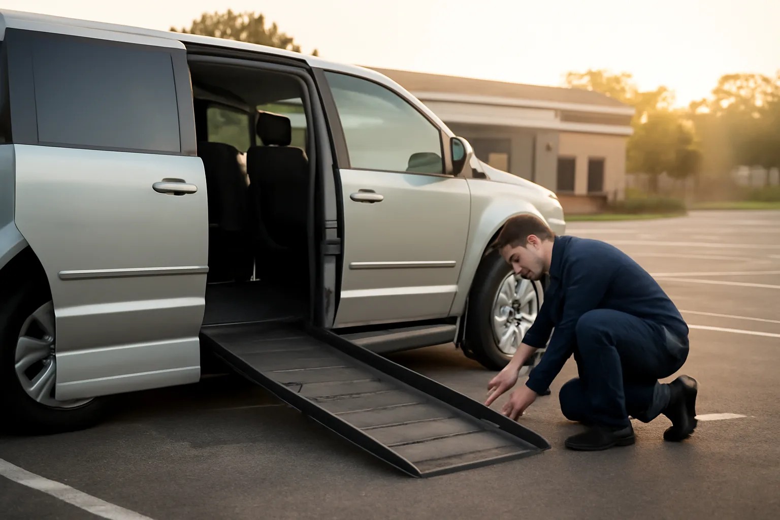 Wheelchair van ramp deployed in a quiet clinic parking lot at sunrise