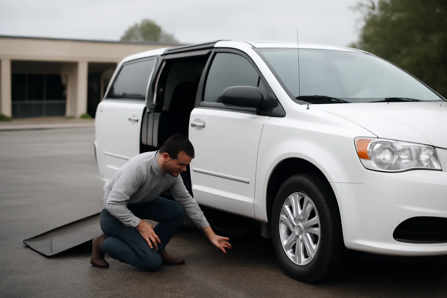 Wheelchair-accessible van with ramp lowered in a lot before an NEMT business shift