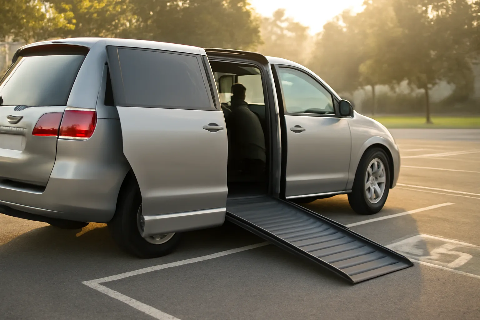 Wheelchair van with ramp lowered, parked in Virginia for NEMT insurance coverage