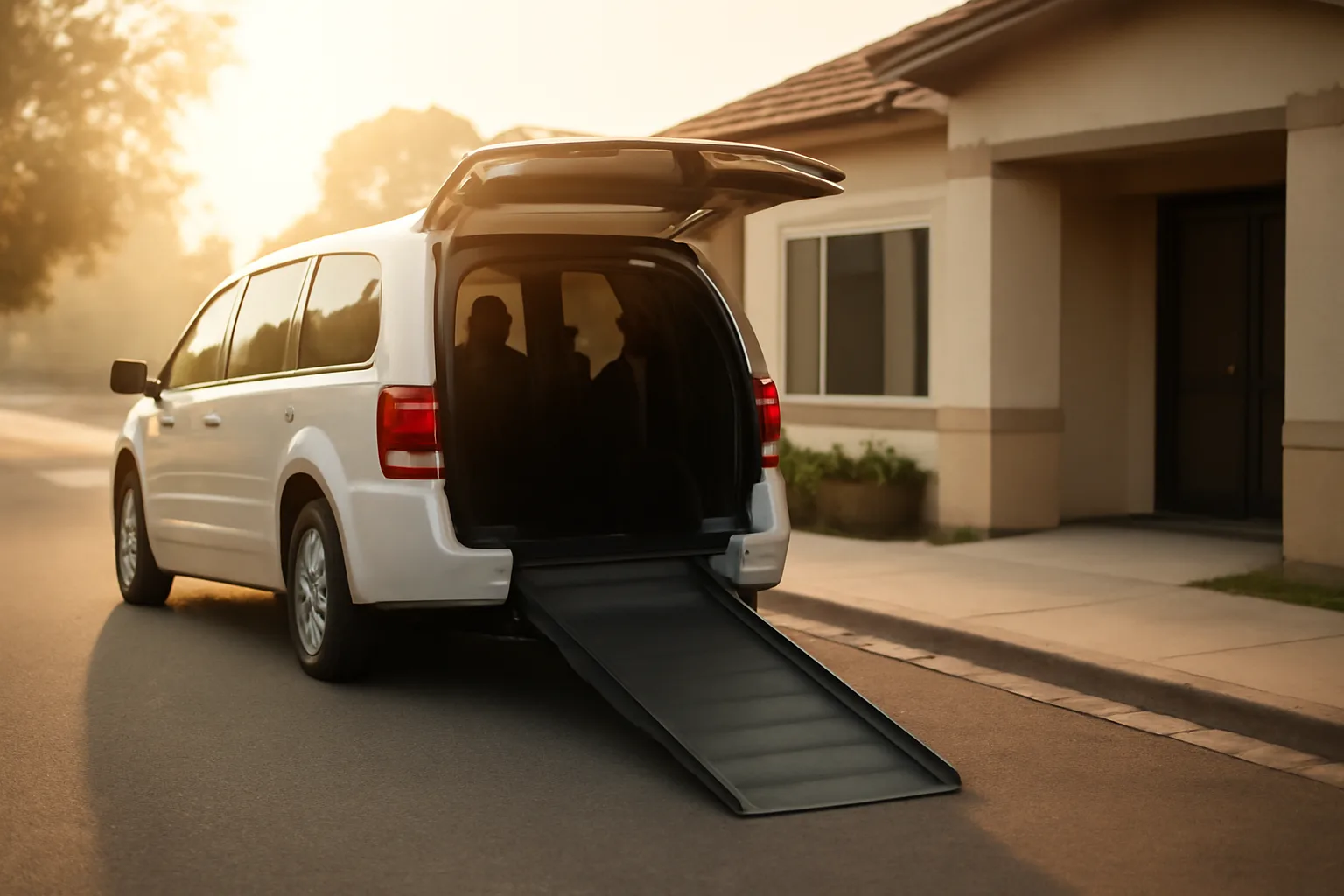 Wheelchair-accessible van with ramp lowered outside a Florida medical clinic at sunrise