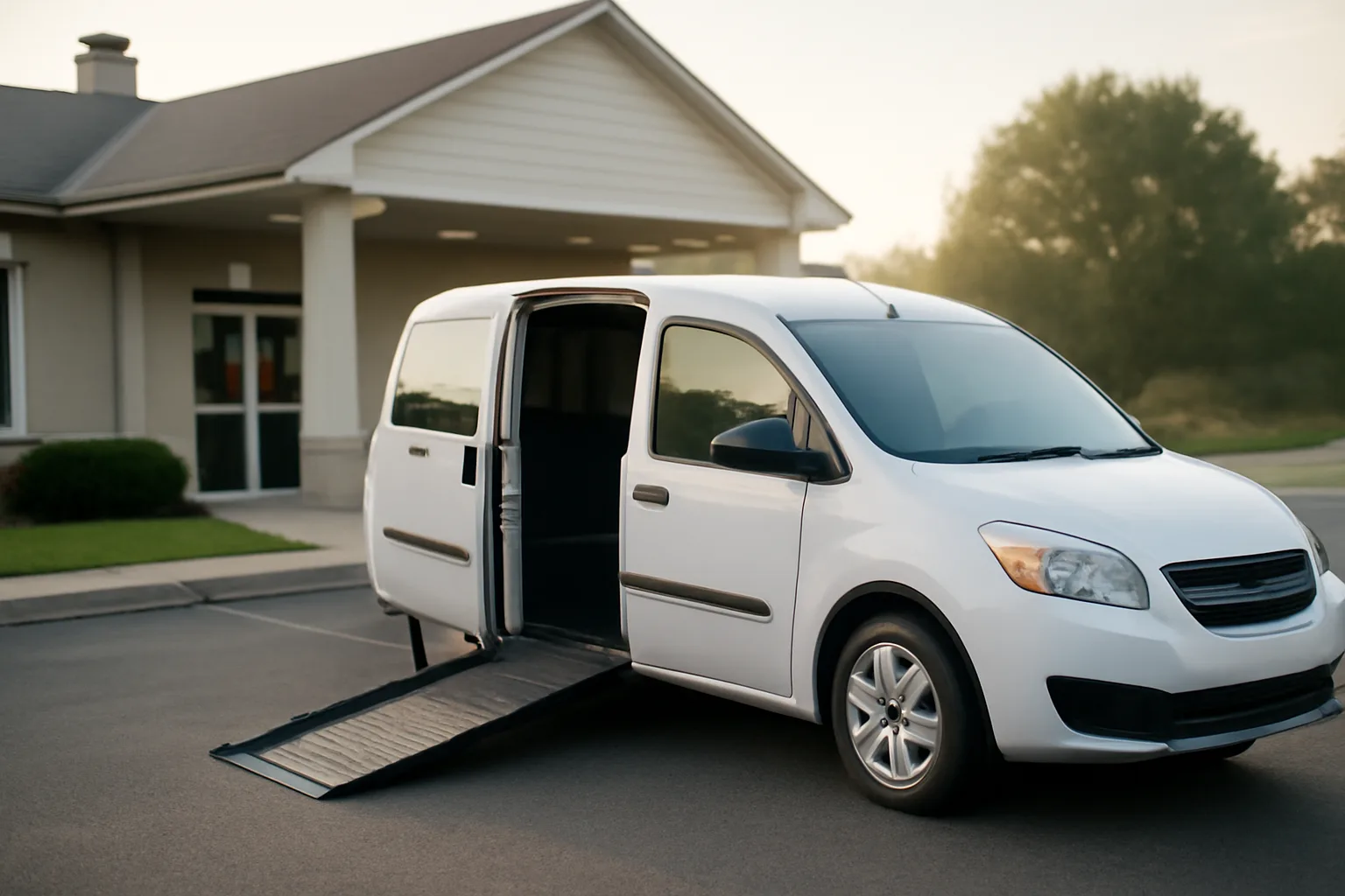 Wheelchair van with ramp deployed outside a clinic in early morning light