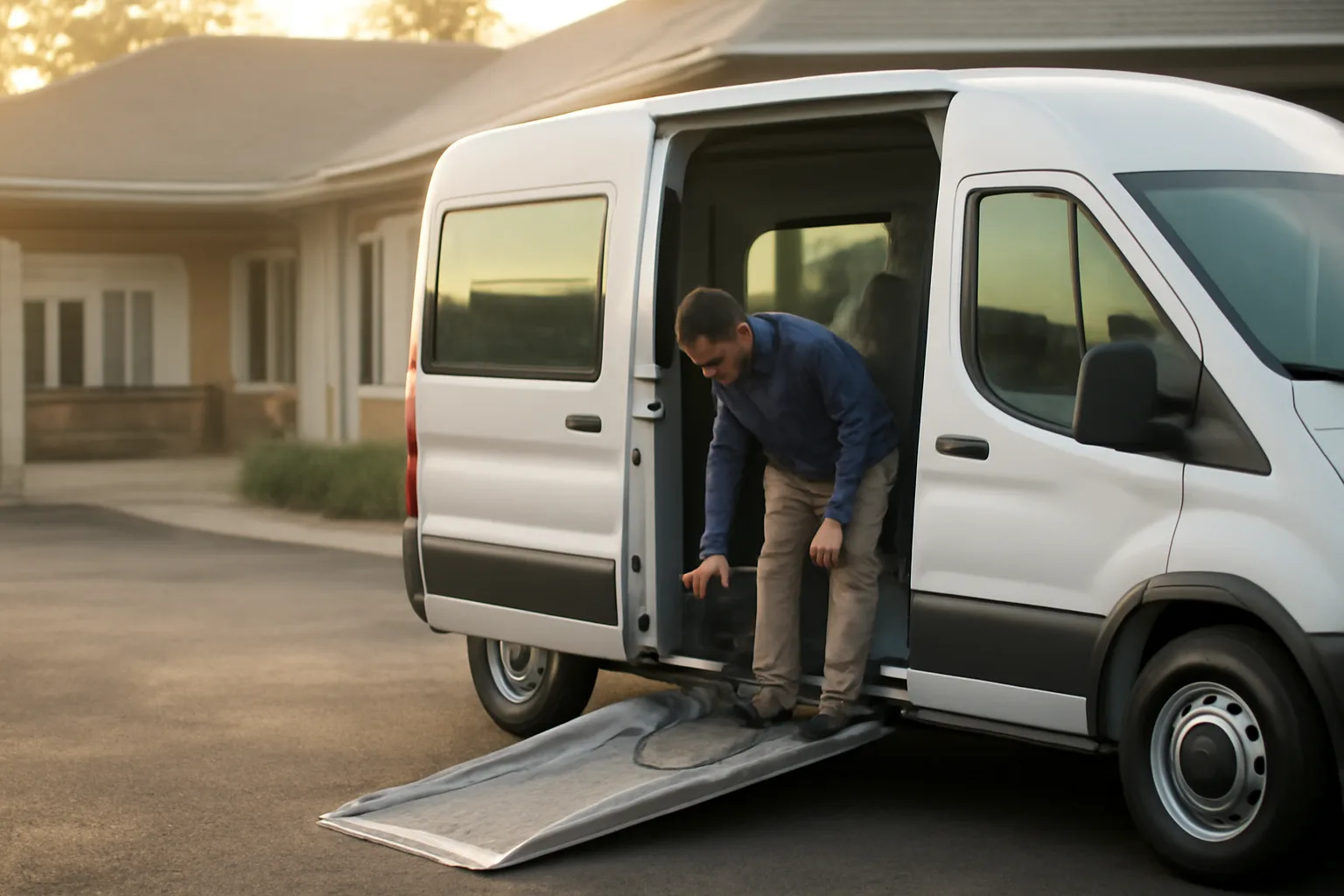 Owner-operator inspecting wheelchair van tie-downs before an NEMT Medicaid trip