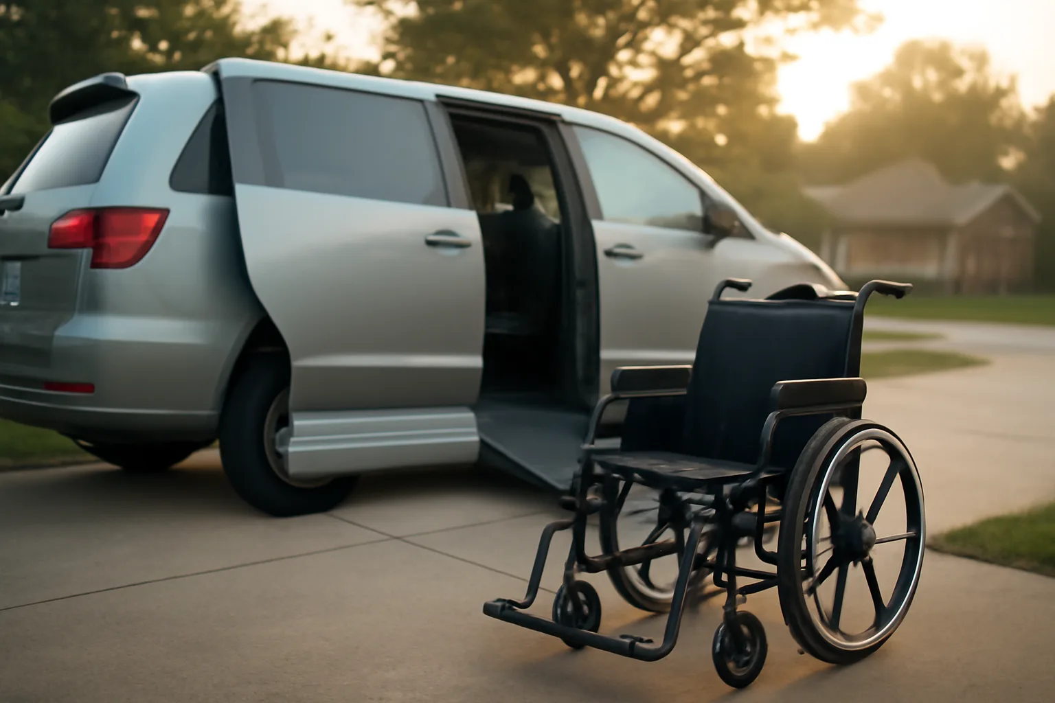 Wheelchair-accessible NEMT Medicaid van with ramp deployed in early morning light