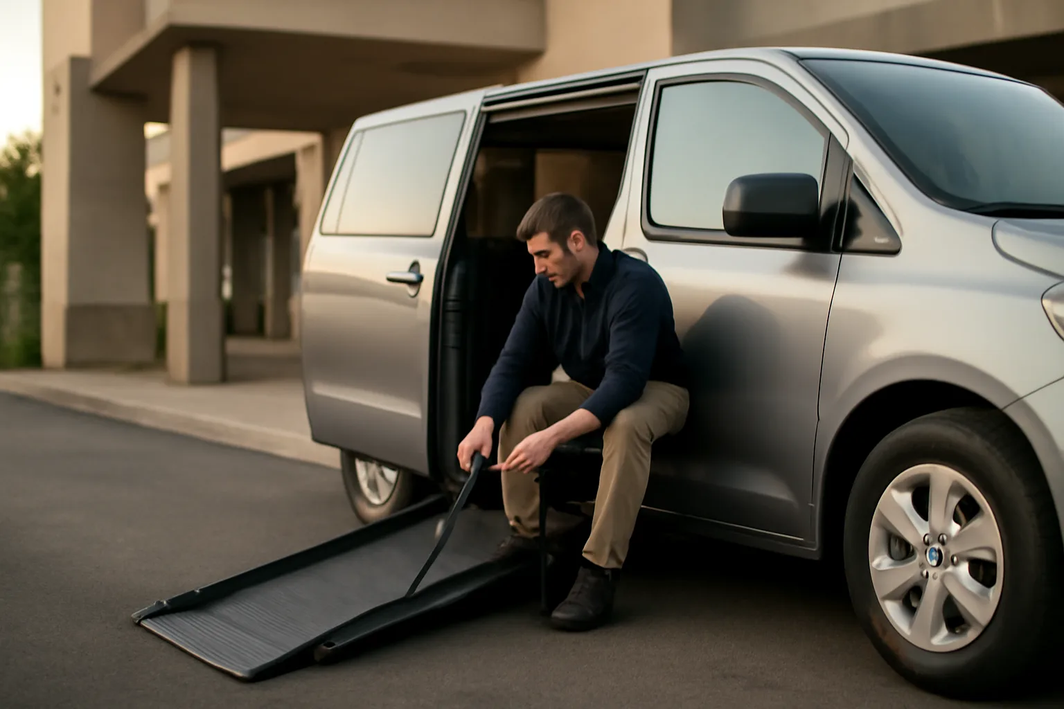 Wheelchair-accessible NEMT van with ramp deployed outside a medical clinic entrance