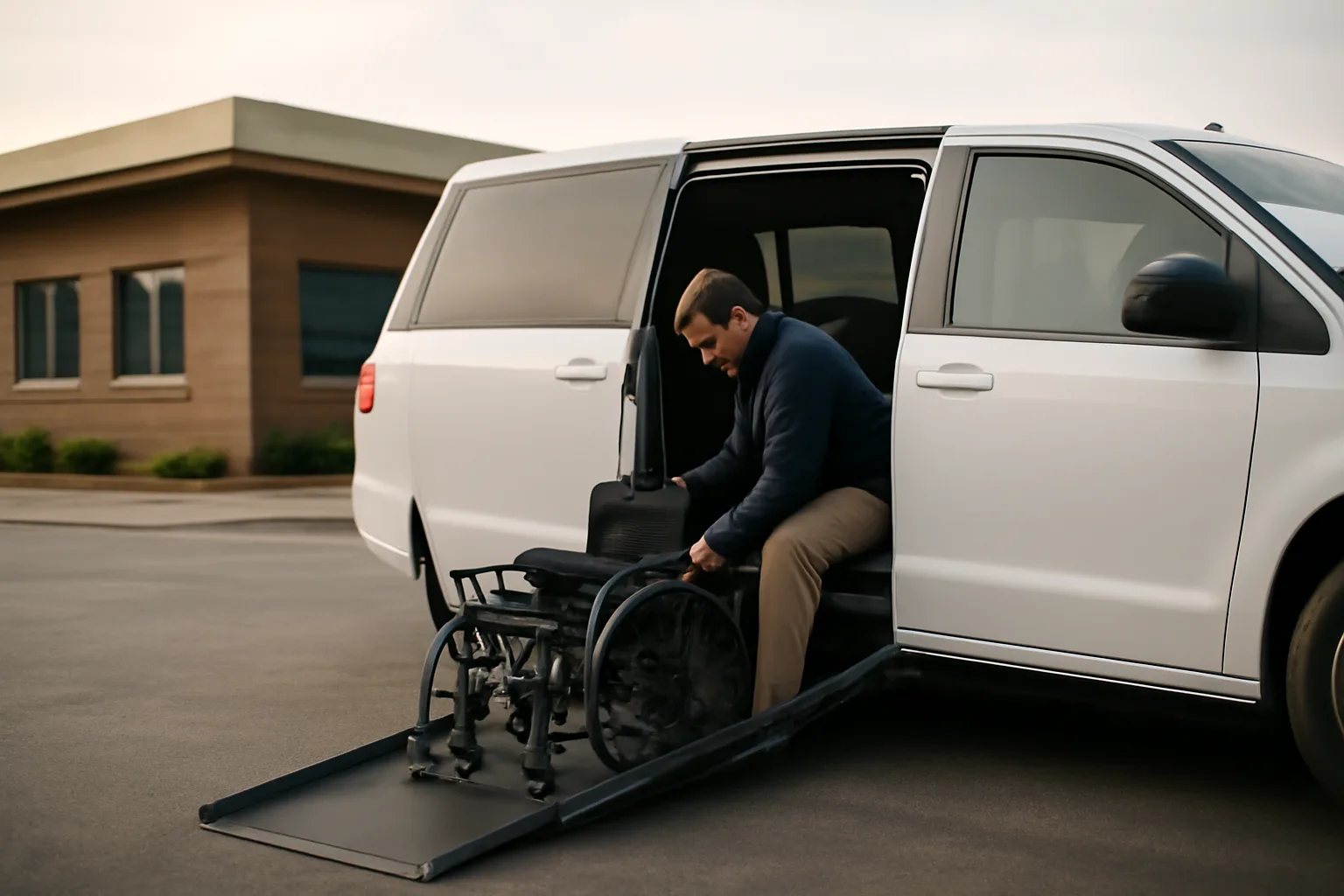 Wheelchair van ramp deployed outside a clinic as an NEMT driver checks securement straps
