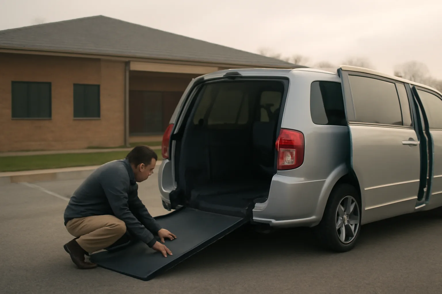 Wheelchair-accessible NEMT van with ramp extended outside a medical clinic at dawn