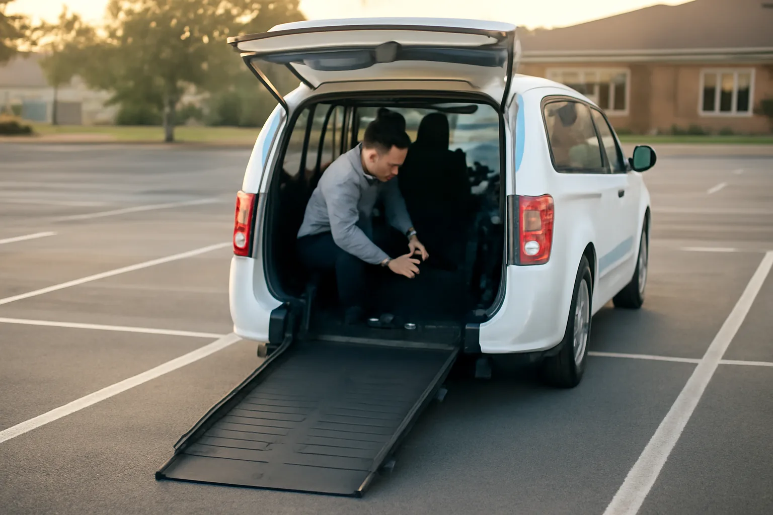Wheelchair van with ramp extended outside a Virginia medical clinic at sunrise