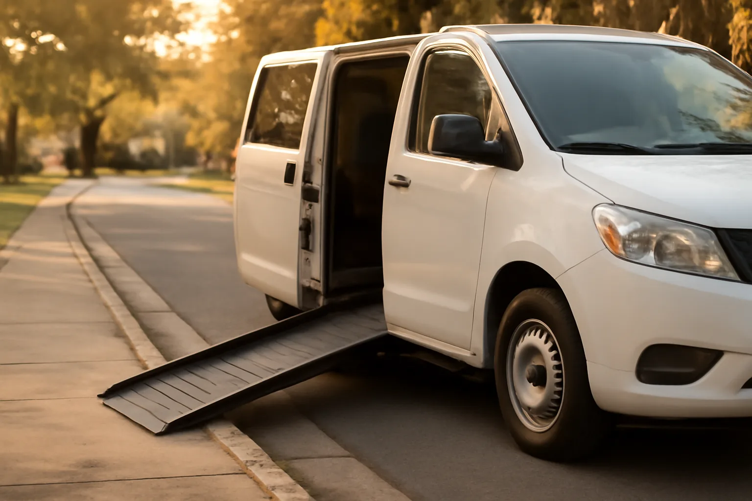 Wheelchair-accessible van with ramp deployed on a suburban Roswell, GA street at dusk