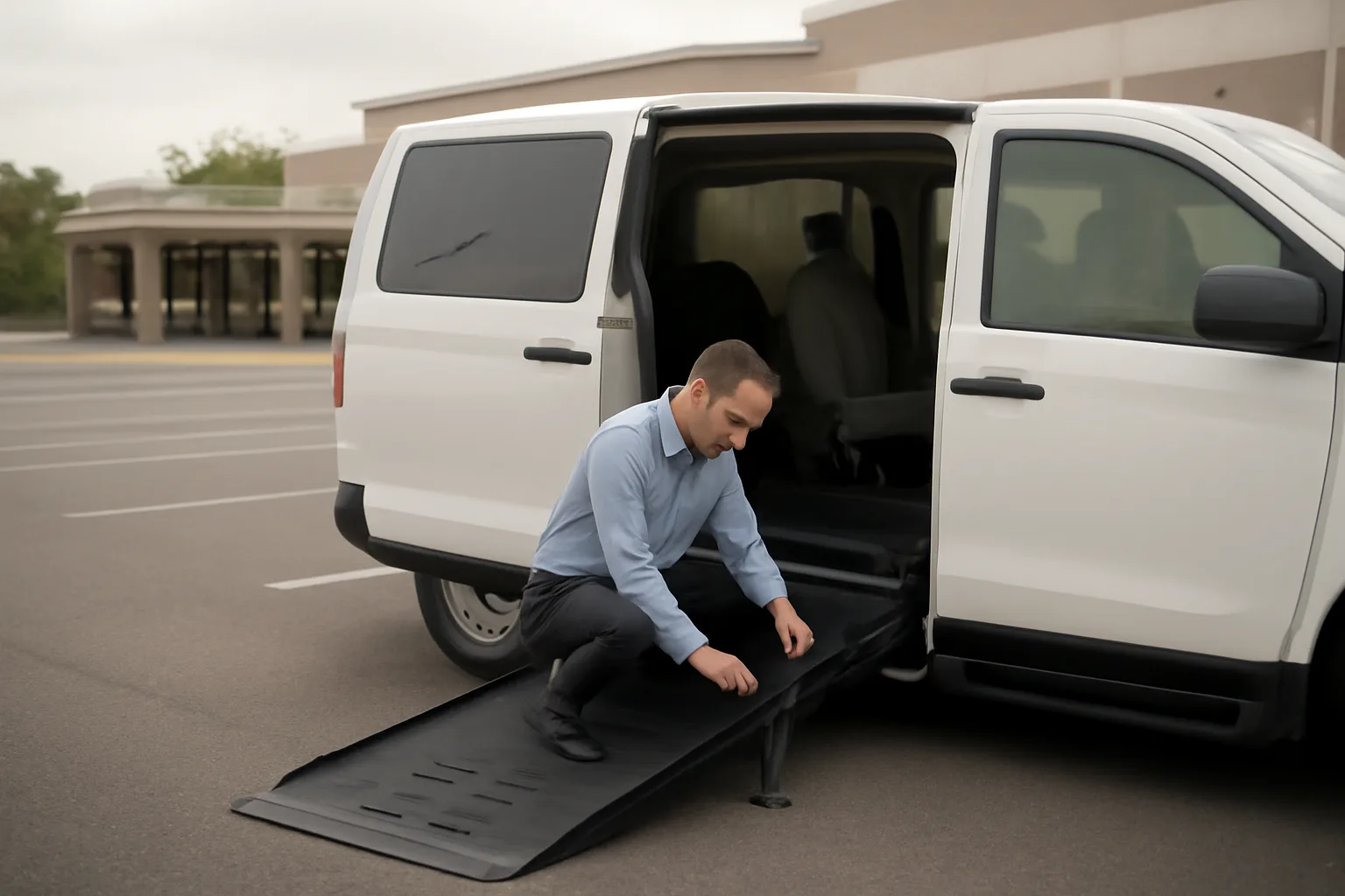 Wheelchair van ramp deployed outside a clinic during non emergency medical transport pickup