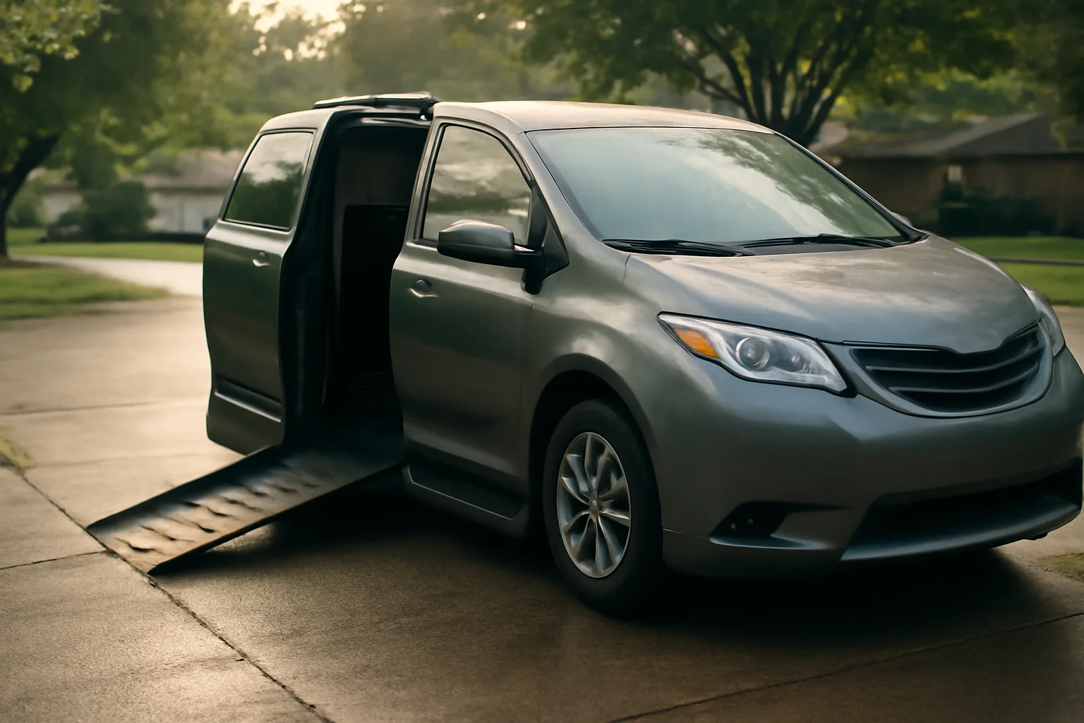 Wheelchair-accessible van with ramp deployed in a suburban Connecticut driveway at dawn