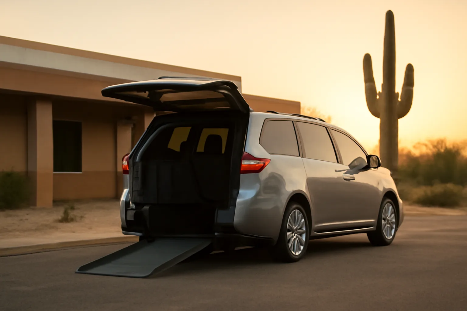 Wheelchair van with ramp deployed outside an Arizona medical clinic at sunrise