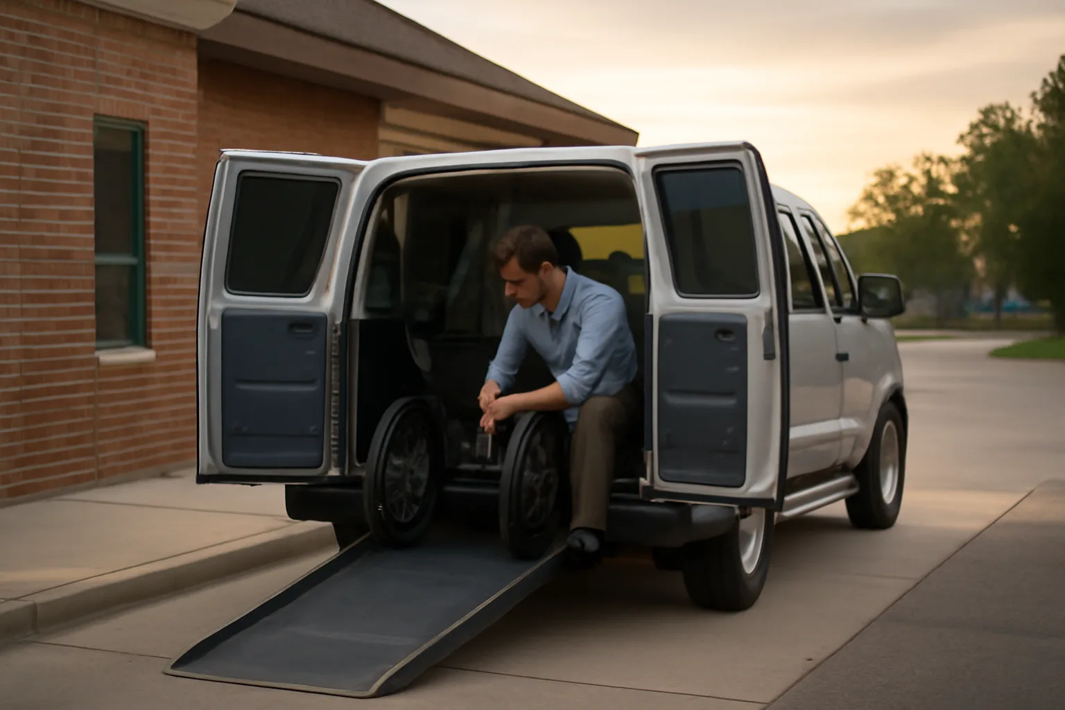 Wheelchair van with ramp extended outside a Bridgeport medical clinic at dawn