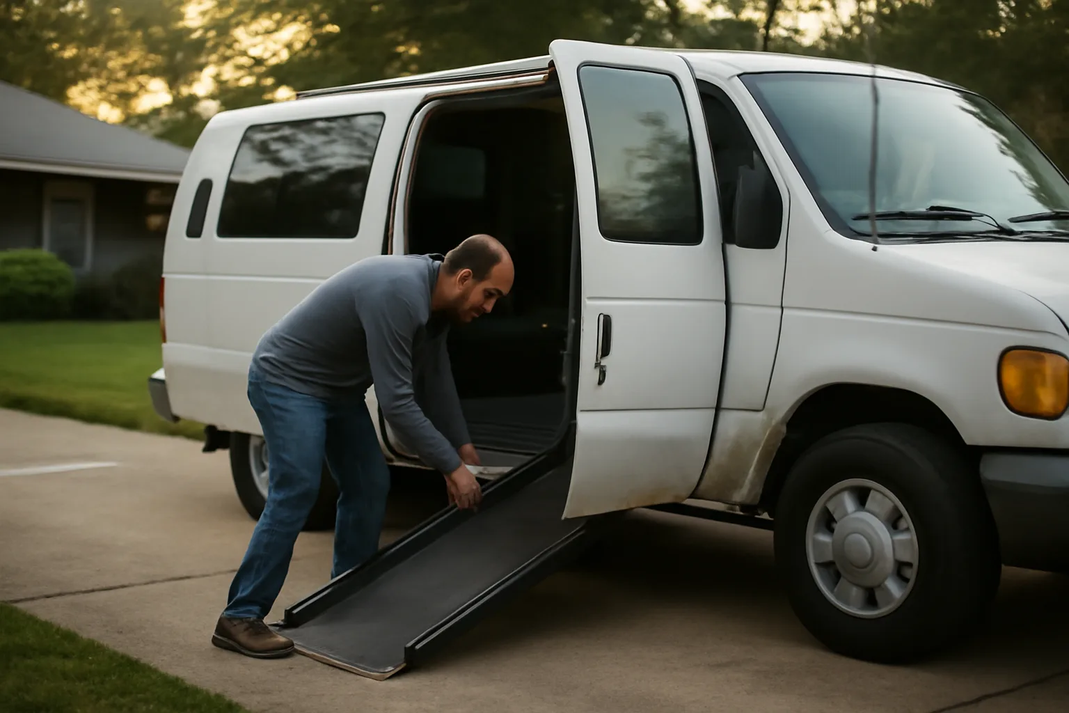 Owner inspecting a wheelchair van ramp before starting a non-emergency medical transportation business in California