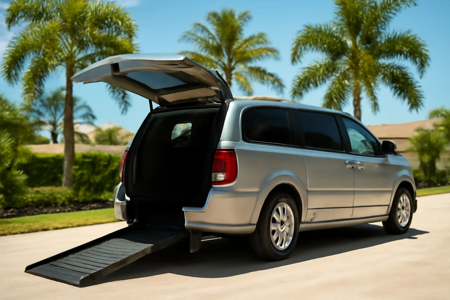 Wheelchair-accessible van with ramp deployed in a Florida driveway, no visible branding
