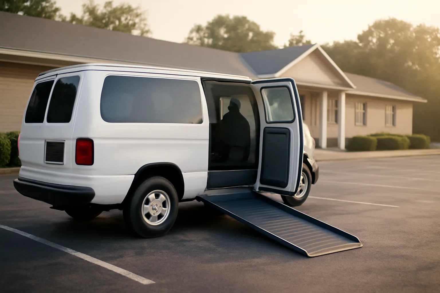 Wheelchair-accessible van with ramp deployed outside a clinic, for a NEMT business plan article