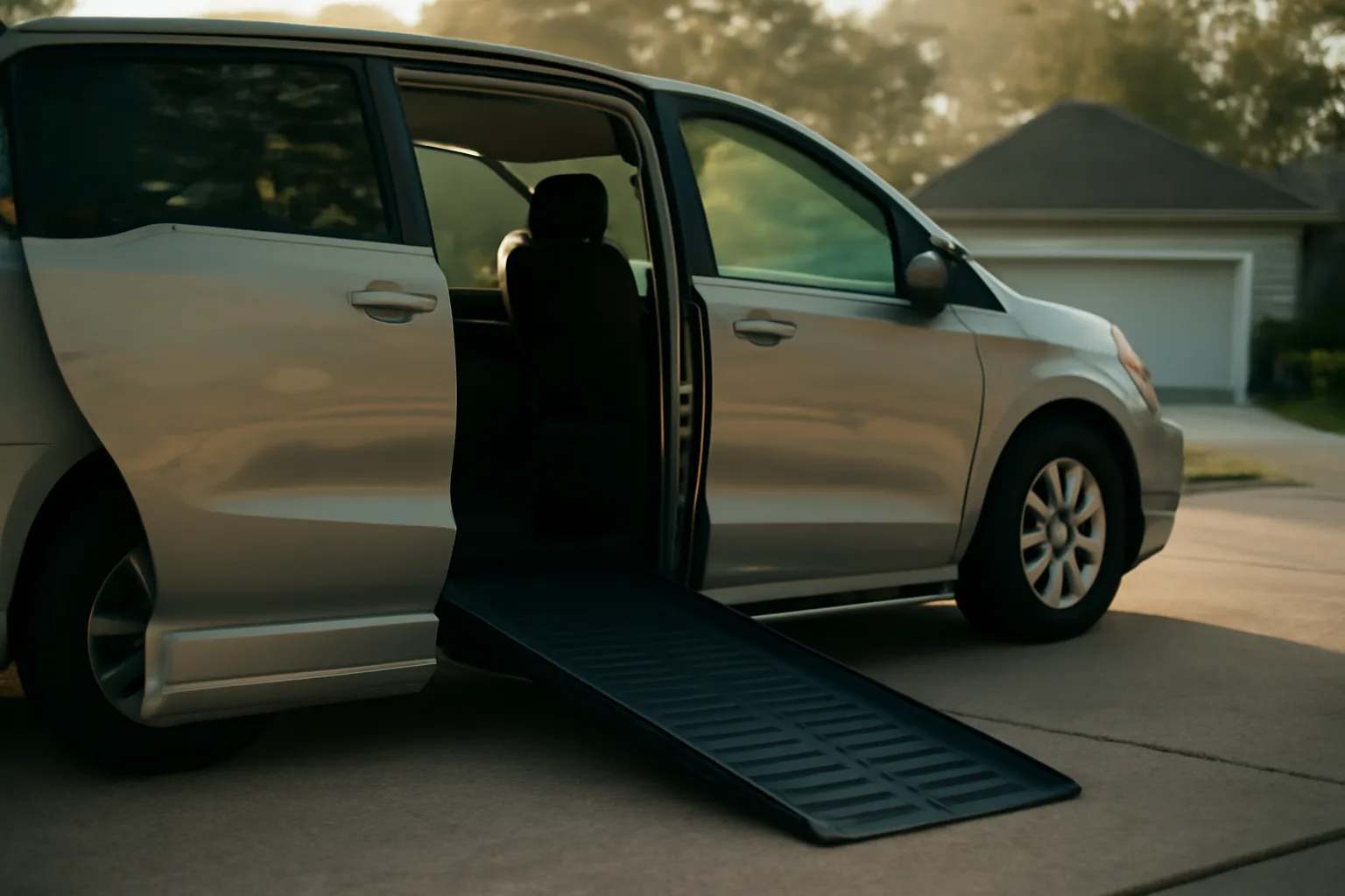 Wheelchair van ramp deployed in a driveway at dawn, representing a non-emergency medical transportation business