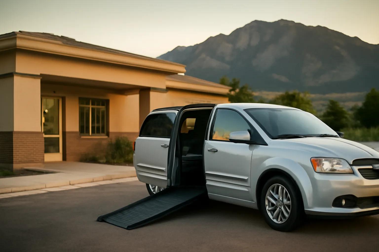 Wheelchair-accessible van with ramp extended outside a medical building near Colorado Springs mountains