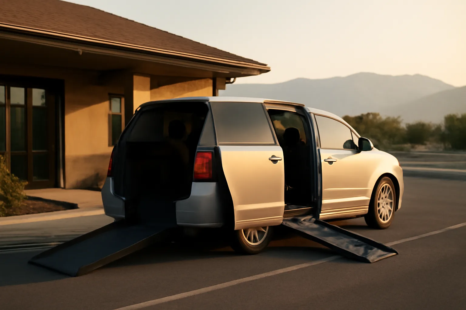 Wheelchair-accessible van with ramp deployed outside a Colorado medical clinic at dawn