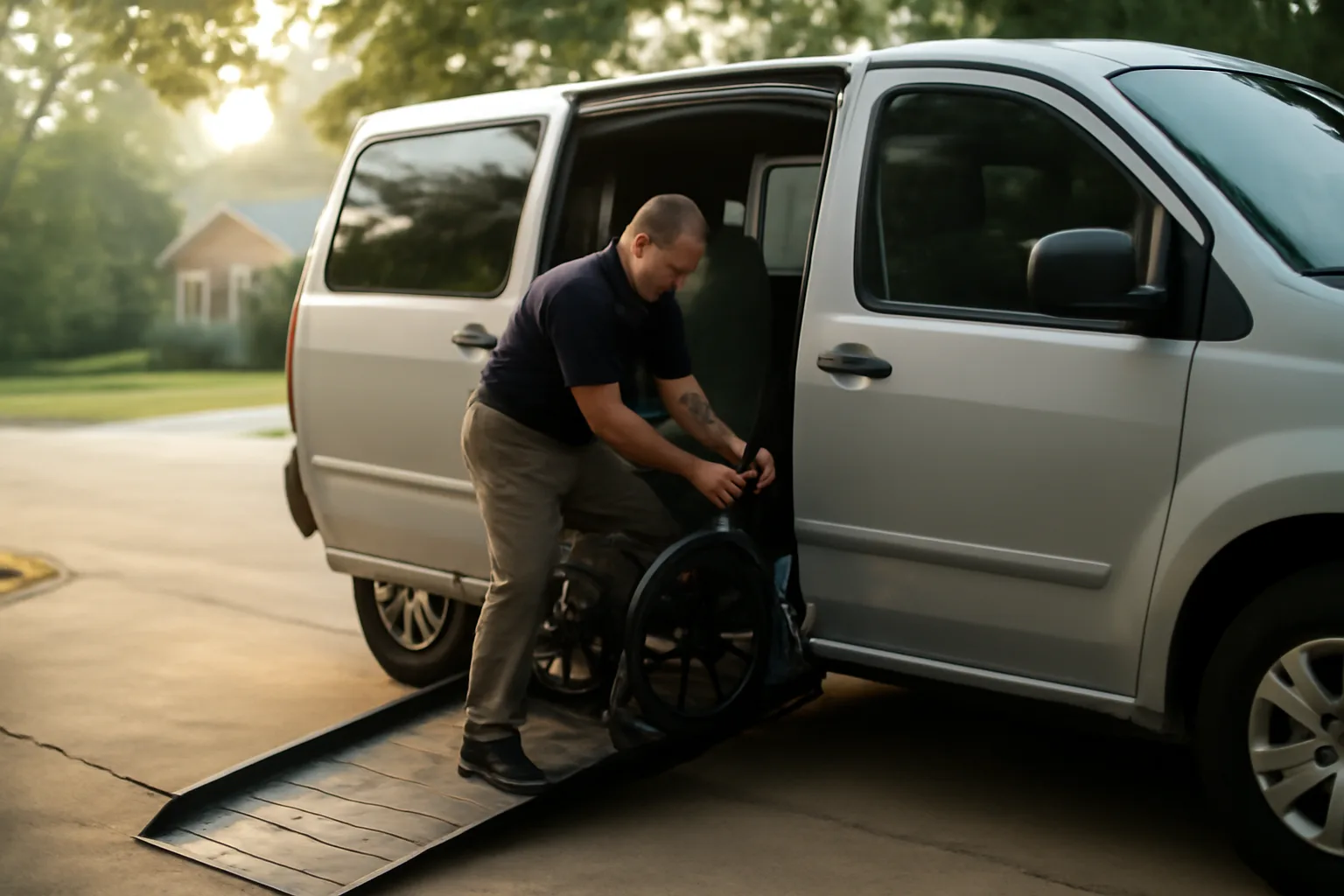 Driver checking wheelchair securement straps in a van with ramp lowered at dawn