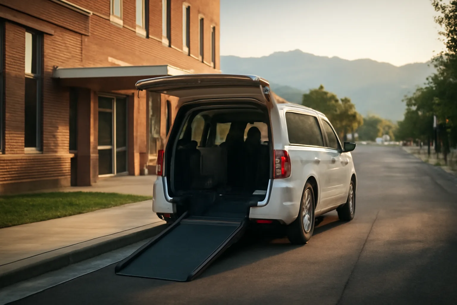Wheelchair van with ramp deployed outside a Denver medical clinic in morning light