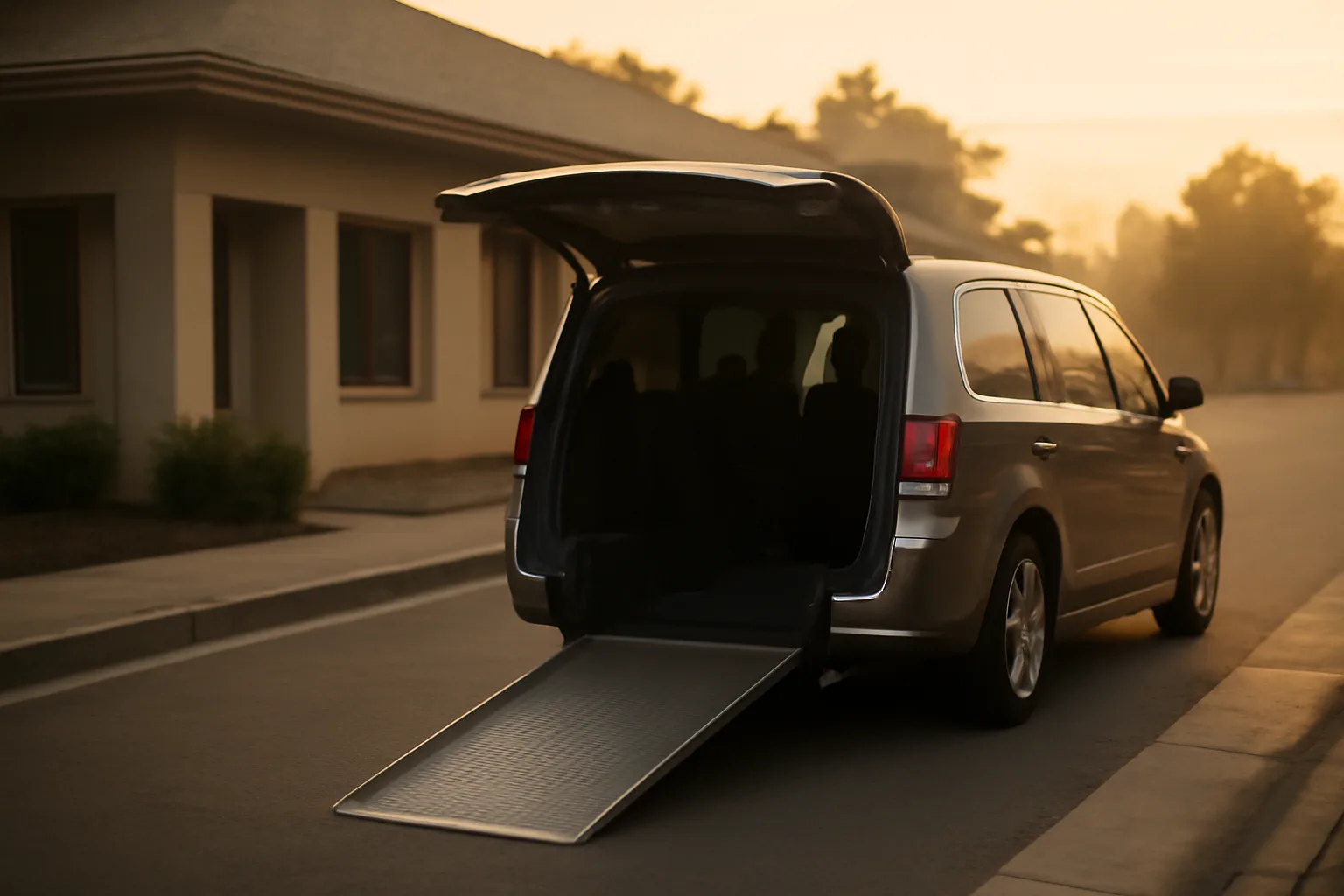 Wheelchair-accessible van with ramp deployed outside a clinic at dawn