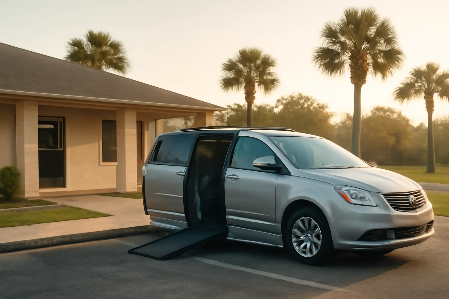 Wheelchair-accessible van with ramp extended outside a Florida medical clinic at sunrise