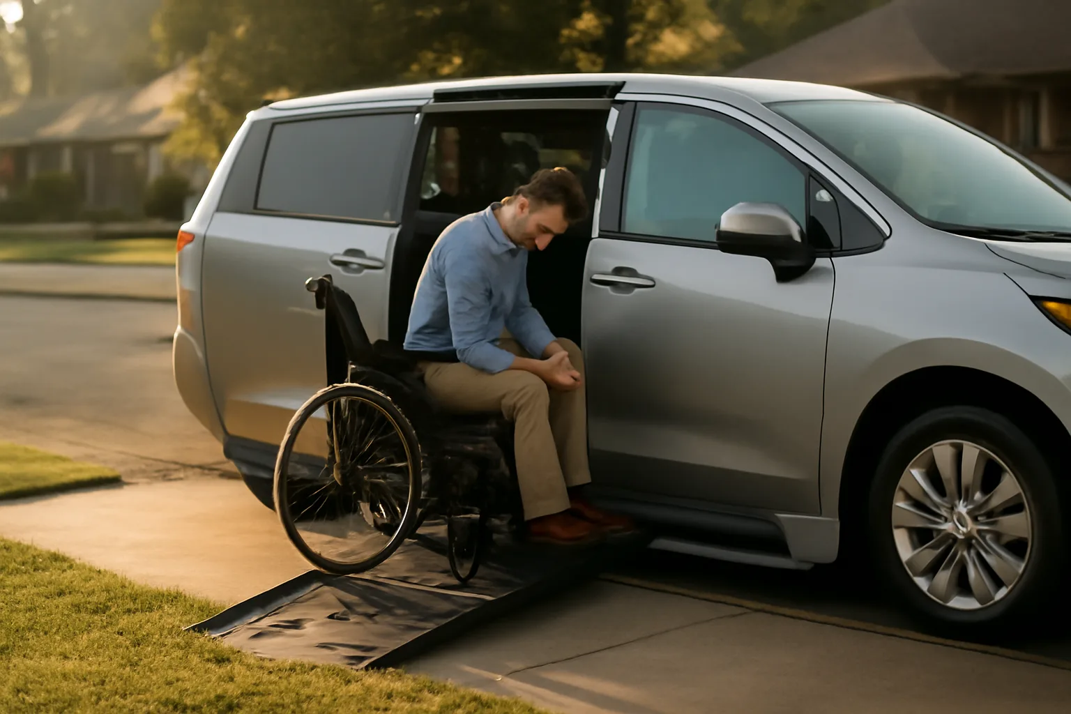 Wheelchair-accessible van with ramp deployed for non-emergency medical transportation in Georgia