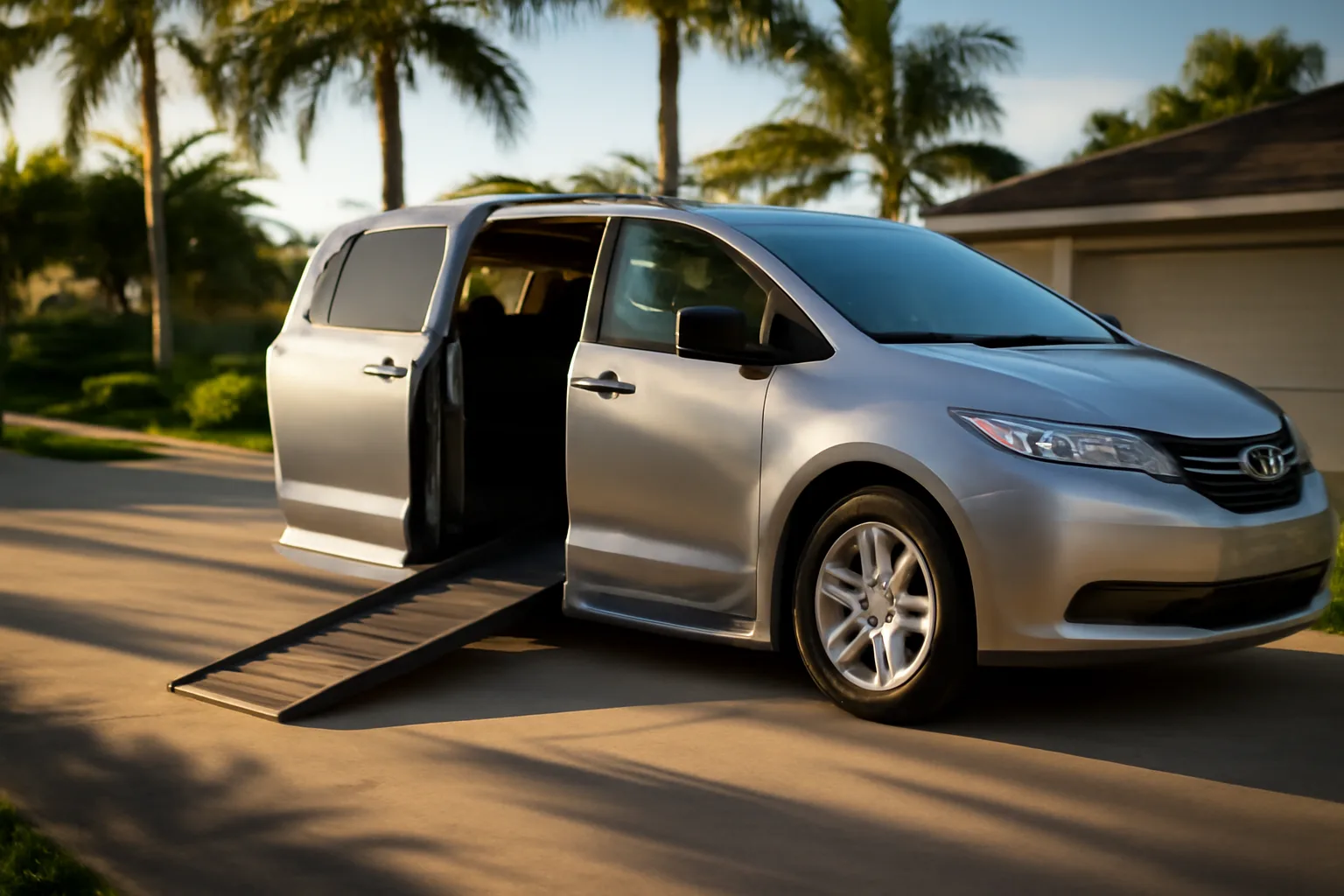 Wheelchair van with ramp lowered outside a Honolulu home in morning light