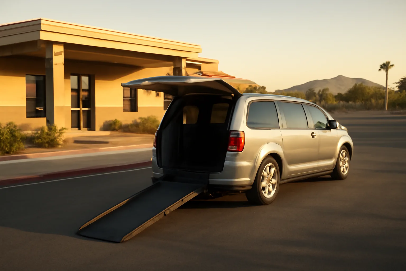 Wheelchair-accessible van with ramp deployed outside a Las Vegas medical clinic at sunrise