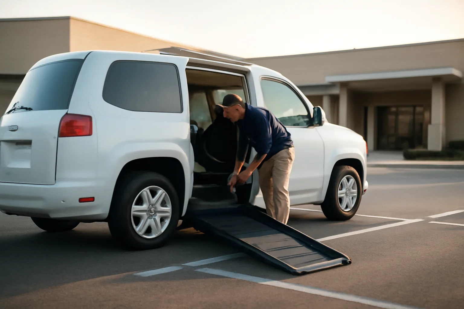 Wheelchair van with ramp deployed outside a Florida medical clinic at dawn