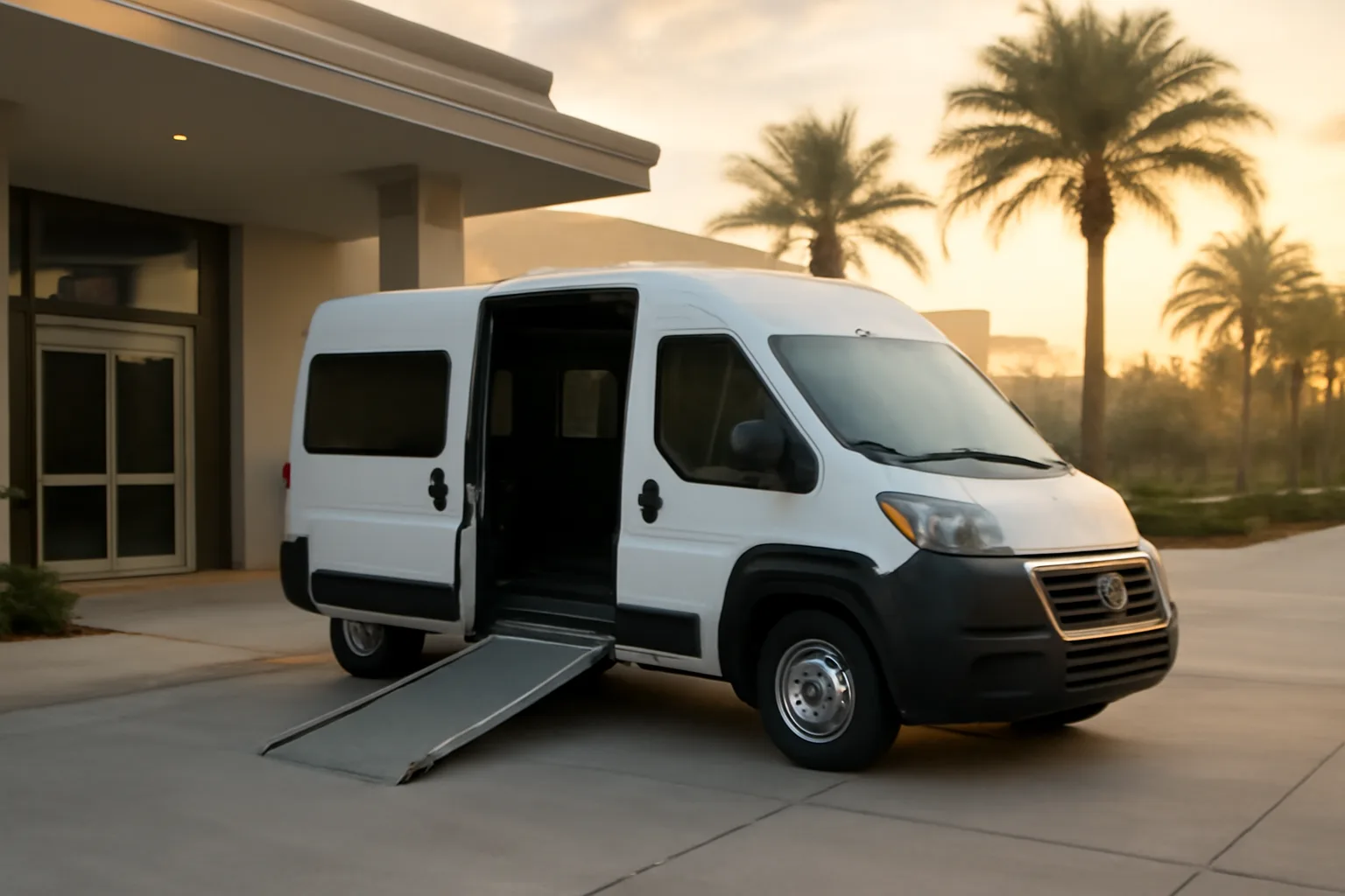 Wheelchair-accessible van with ramp deployed outside a Miami clinic for non emergency medical transportation